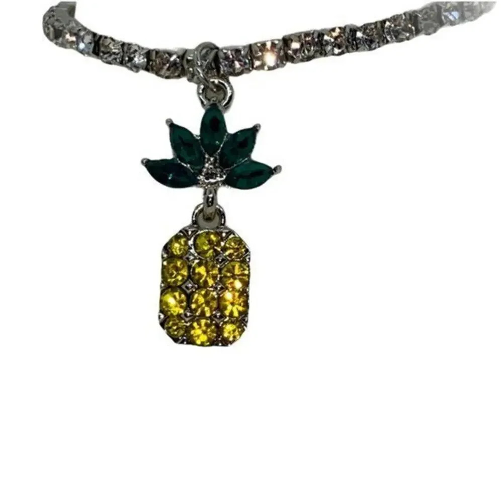 New NWT Silver-Tone Green Yellow Pineapple Rhinestone Beaded Stretch Bracelet